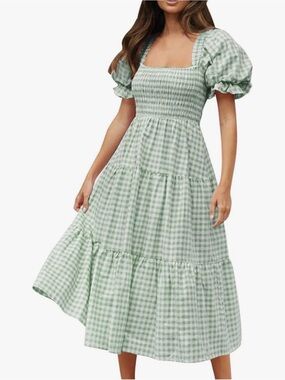 Smocked Square Neck Gingham Midi Dress - Light Green